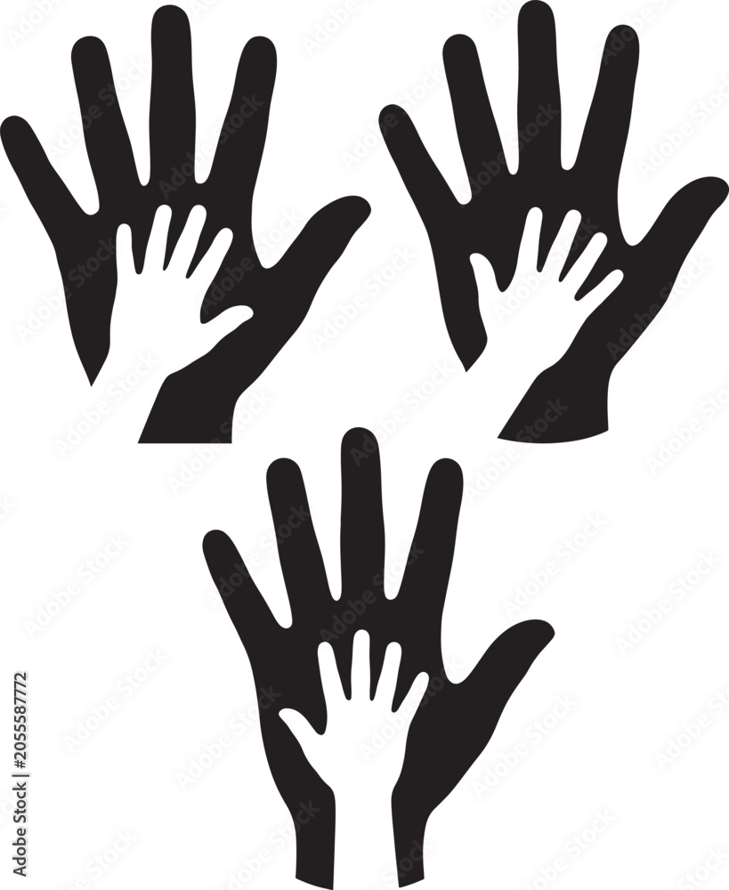 Fototapeta premium Three sets of large black adult hands protecting small white child hands icon with protection togetherness guidance relationship development together connection security parenting kindness