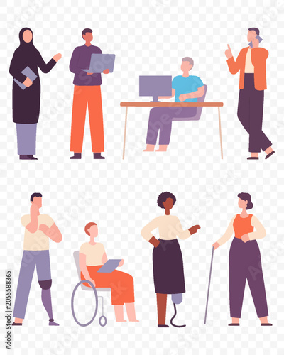 Vector diverse group of people. Cartoon people with disabilities and elderly characters isolated on transparent png background. Inclusion and diversity concept vector illustration.