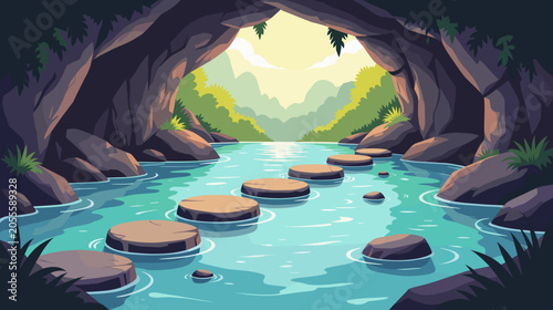 Tranquil river flowing through cave with stepping stones at sunrise  