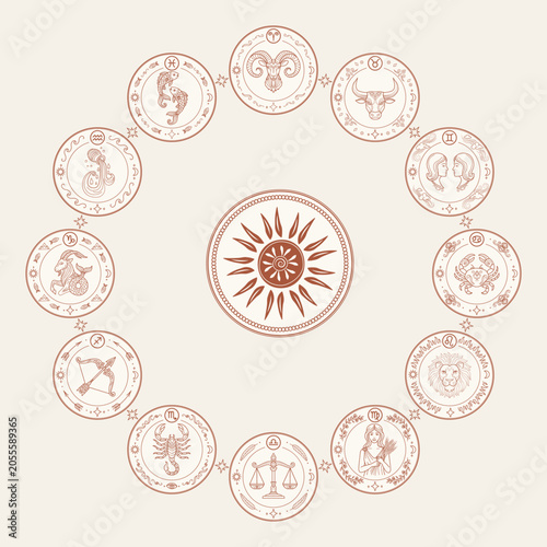 Astrology zodiac wheel with twelve zodiac signs and ornamental sun in a circular celestial composition. Mystical boho line art vector illustration for posters, prints, branding and spiritual decor.