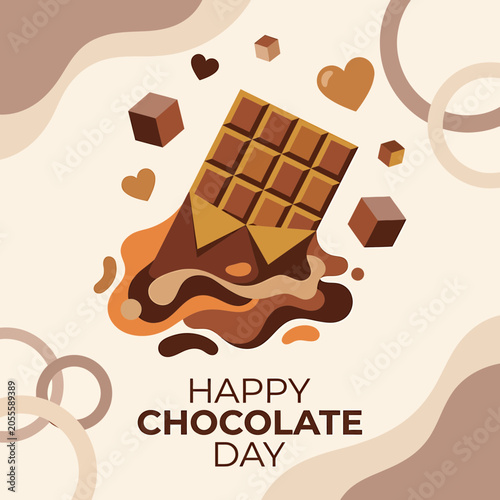 Melting Chocolate Bar with Cocoa Pieces and Happy Chocolate Day Text