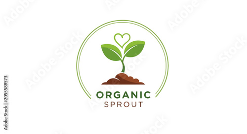 Green organic plant sprout logo with heart leaf concept and soil base