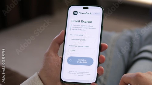 Mobile banking interaction showing a credit request being denied. Close-up on a smartphone displaying a rejection message. Great for personal finance apps, lending platforms, and secure verification