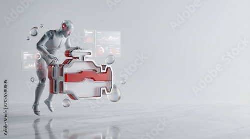 Robot analyzing car engine diagnostics with holographic dashboard display 3d render
