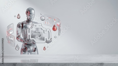 AI Robot Holding Engine Check Warning Icon with Digital Dashboard Panels and Blood Drops 3d render