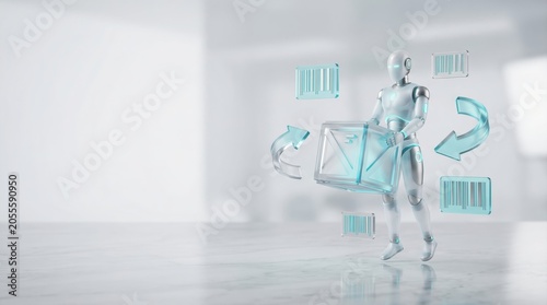 Robot carrying glass package box with barcode and arrows in white studio 3d render
