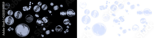 Large soap bubbles floating in air on black background for playful childhood concept or clean washing effect.