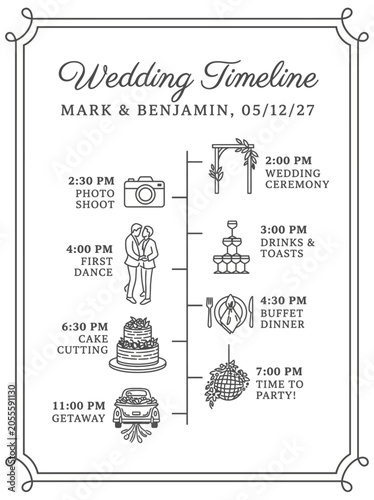 Wedding timeline schedule with icons and times