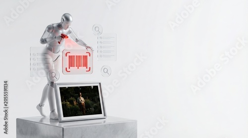 Robot scanning barcode on framed photo with digital interface floating on white background 3d render