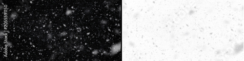 Konstfotografi Natural snow falling on black background overlay for winter weather concept with blurred white snowflakes effect