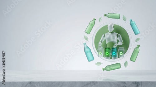 Robot sorting recycling bins with plastic bottles and leaves in green circle 3d render