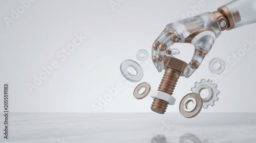 Robotic Hand Holding Bolt with Floating Washers and Gear on Light Background 3d render