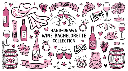 Hand drawn wine bachelorette party illustrations with pink and black elements