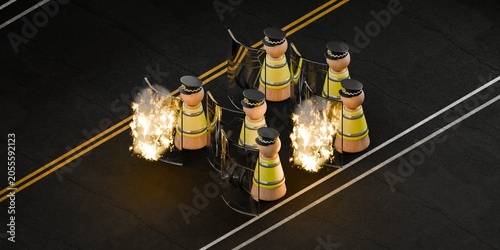Konstfotografi 3d policemen with riot shields in the middle of the road, police altercation, ri