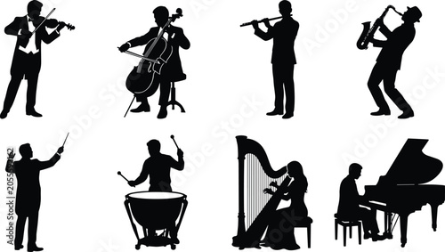 Foto Classical music orchestra musicians silhouette set featuring violinist cellist f
