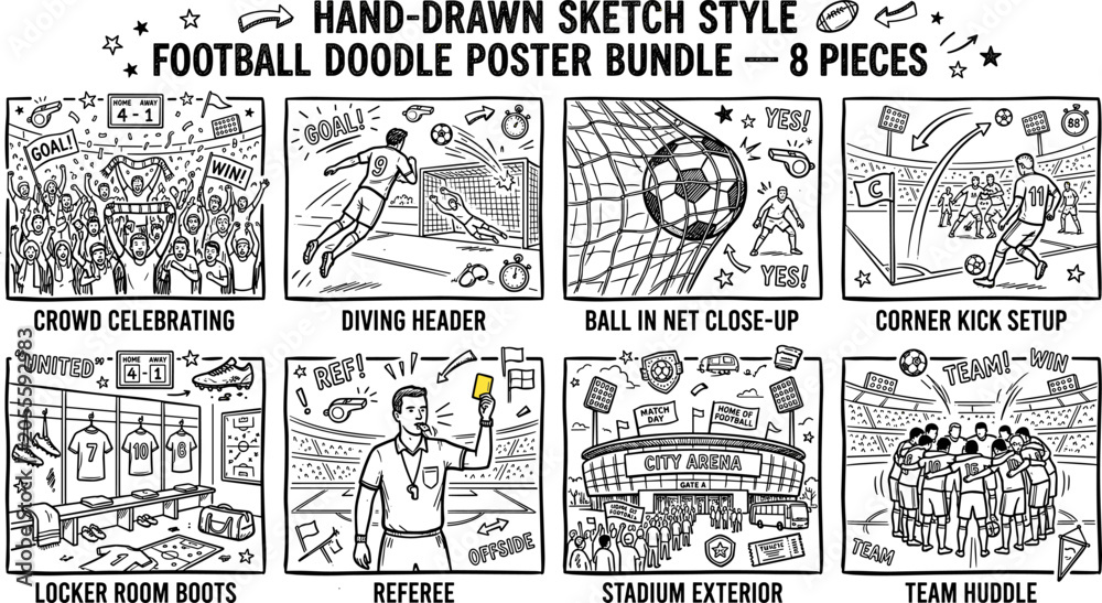 Fototapeta premium Football World Cup sketch doodle bundle with match and stadium scenes