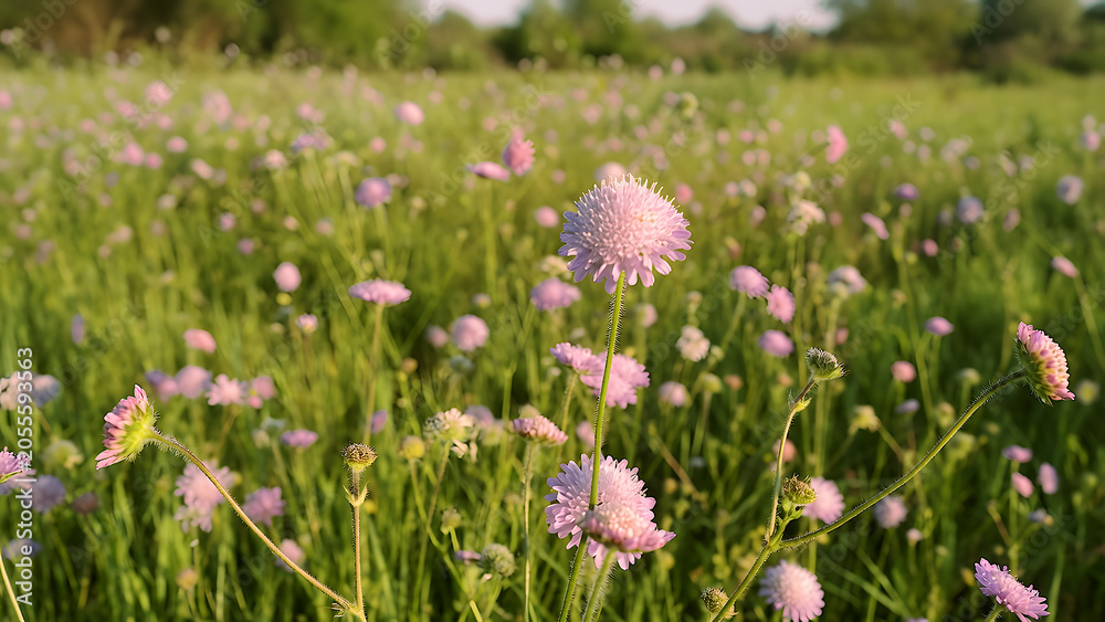 Obraz premium Field of blooming pink scabiosa flowers in a summer meadow at sunset