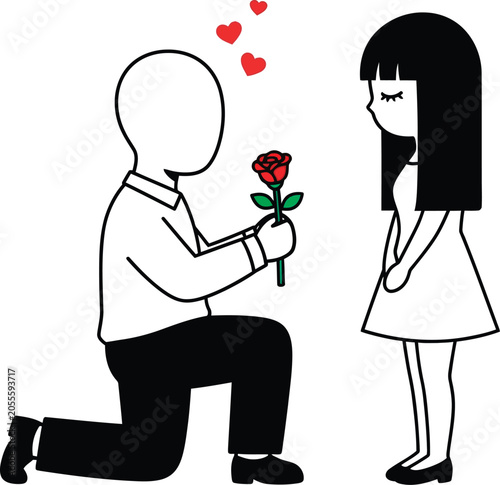 Minimalist vector illustration of a man proposing with a red rose