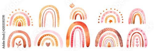 Watercolor rainbow clipart set in warm pastel pink, peach and orange tones. Hand-painted boho rainbows with hearts, dots, decorative elements. Nursery decor, baby shower design, kids room illustration