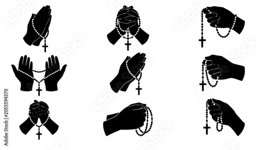 Schilderij op canvas Hands holding rosary silhouettes vector illustration prayer and faith collection