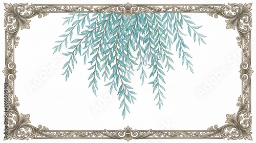 An illustration of a hanging green leafy branch within an ornate rectangular frame.