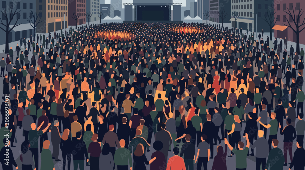 Obraz premium Dense crowd gathered at large public event from elevated view, crowd, people, event, public, gathering, audience, urban, mass,