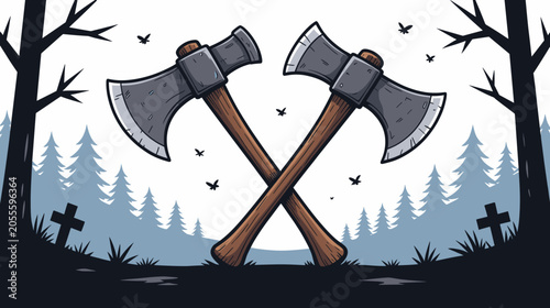 Crossed axes in forest background with gravestones and trees  