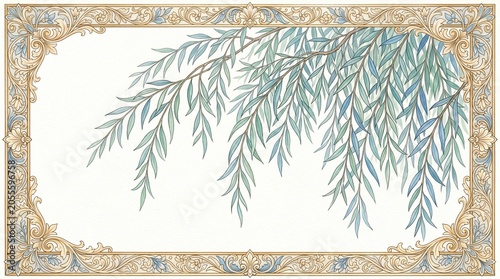 Illustration of a leafy branch with a decorative border frame on a white background