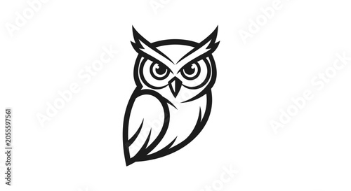 Minimalist black and white owl illustration with intense gaze on white background