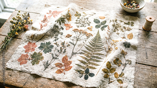 Delicate pressed botanical wildflower composition organic texture eco print sustainable natural dyeing future craft artisanal textile fabric pattern