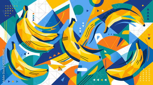 Foto Abstract geometric banana pattern, vibrant cubist fruit illustration, colorful t