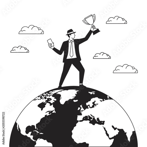 Foto Silhouette illustration businessman standing on globe, world domination concept