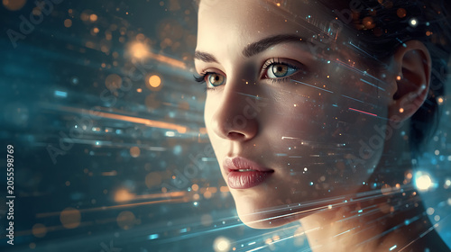 This image is a digital creation commonly used in stock photography to represent artificial intelligence and human interaction with technology