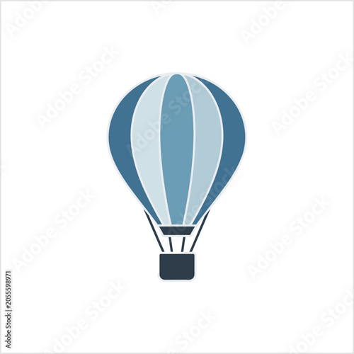 Minimalist blue and white hot air balloon icon on clean white background