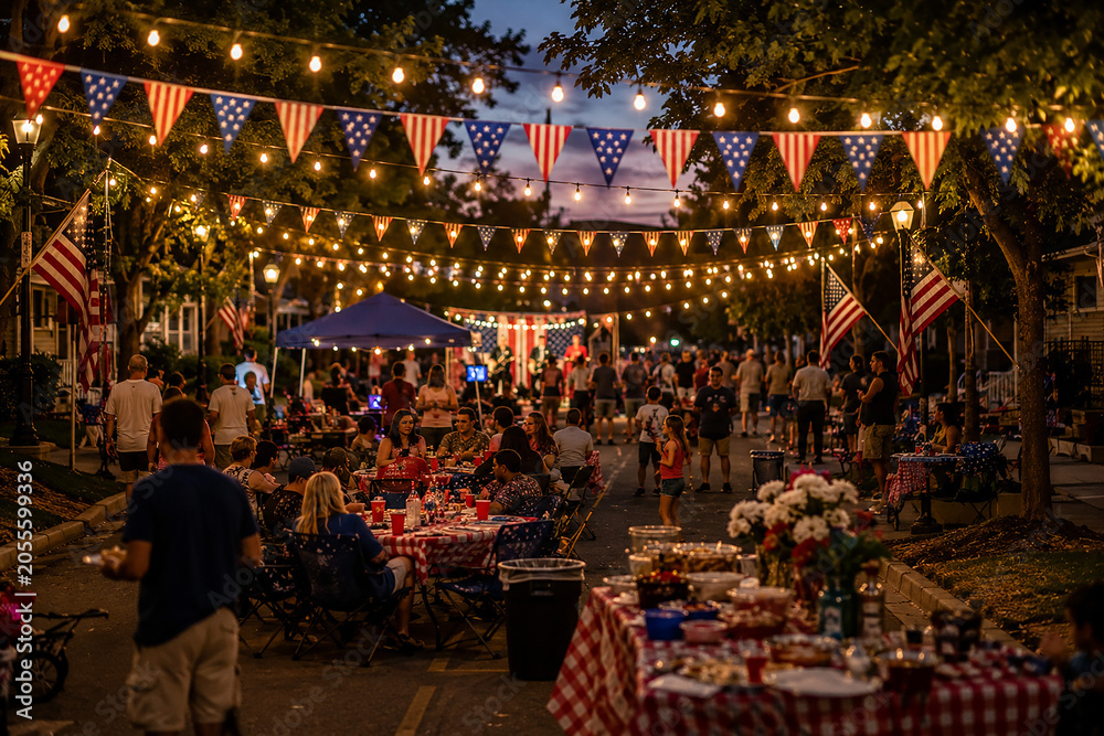 Fototapeta premium Outdoor neighborhood block party at night with people dining under string lights and flag buntings.