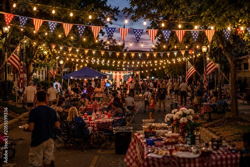 Slika na platnu Outdoor neighborhood block party at night with people dining under string lights and flag buntings