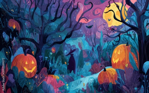 Halloween pumpkins glowing under moonlit twisted trees