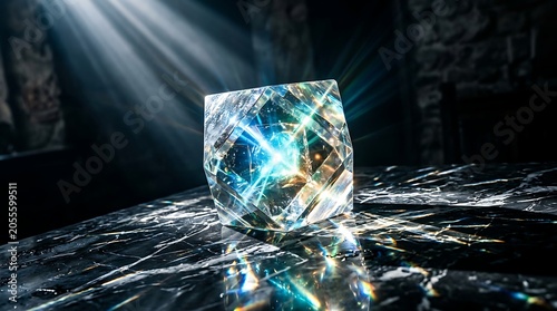 Luminous crystal cube reflecting light on a dark marble surface