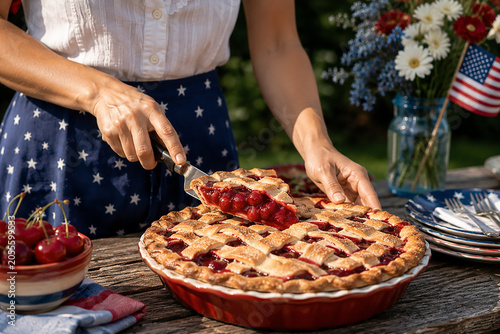 Foto Woman serving cherry pie outdoors with american flag decoration for holiday celebration