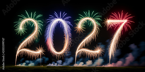 Colorful fireworks forming the year 2027 during a night celebration with bright bursts of light