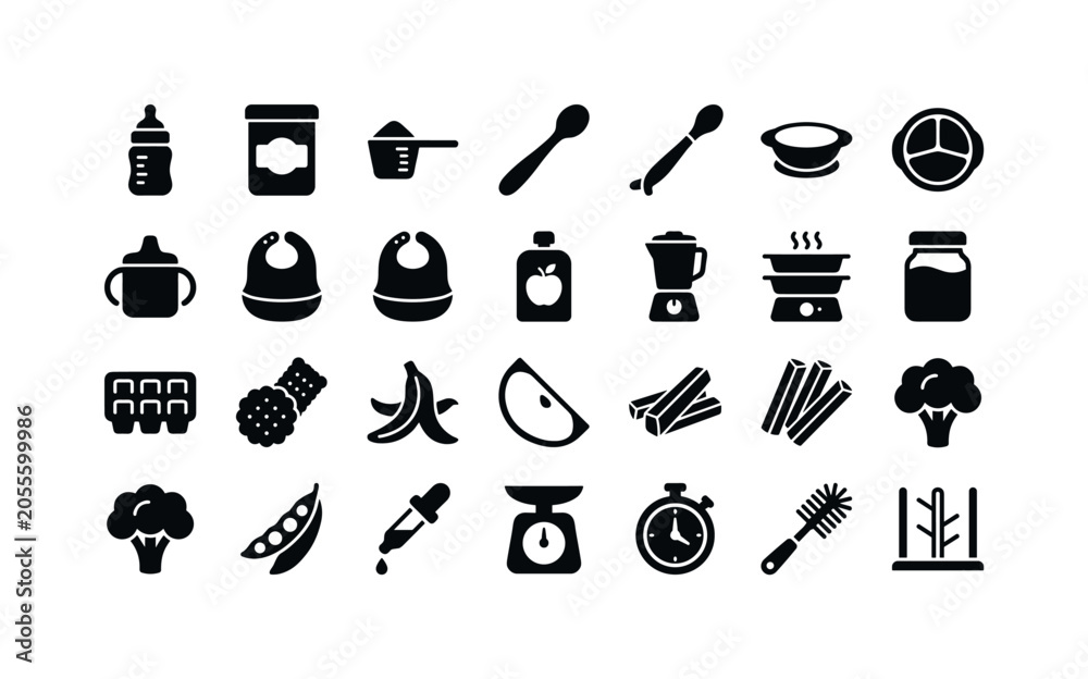 Obraz premium Nursery toddler child dining accessories and safety meal prep items clean solid filled vector icon set showing exactly 24 unique