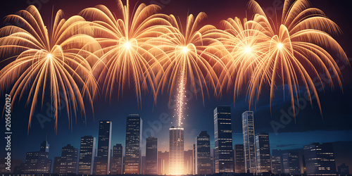 Golden fireworks exploding above a city skyline during a night celebration