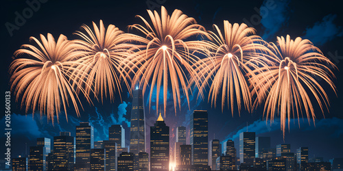 Golden fireworks exploding above a cityscape during a nighttime celebration