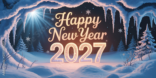 Happy New Year 2027 with festive lights in a snowy winter landscape