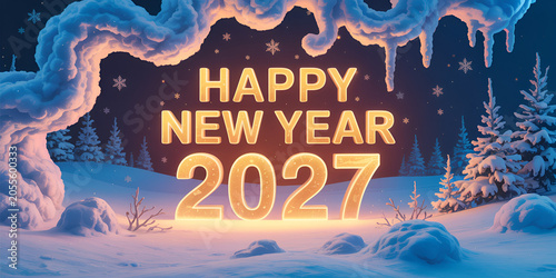 Happy New Year 2027 illuminated text in a snowy winter forest scene with frosted trees