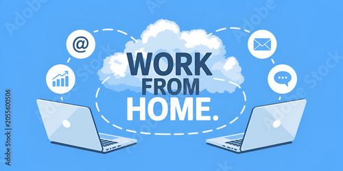 Laptops connecting through clouds with communication icons during remote work concept