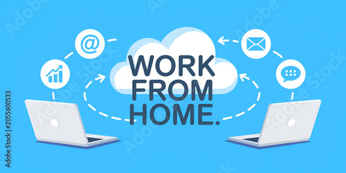 Laptops connecting to cloud for remote work with communication icons and charts