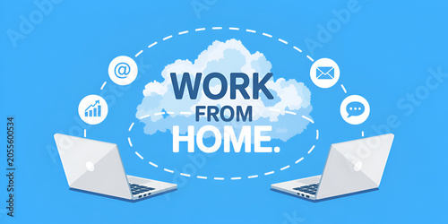 Laptops connected by cloud with icons symbolizing communication and growth for remote work concept