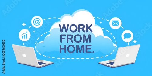 Laptops connecting to cloud with communication icons during remote work concept