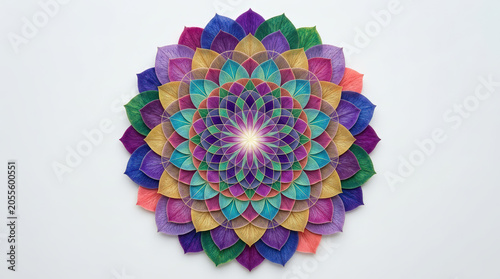 Colorful flower petal mandala in a sacred geometry pattern. Symmetrical floral art on a white background. Meditation and wellness concept